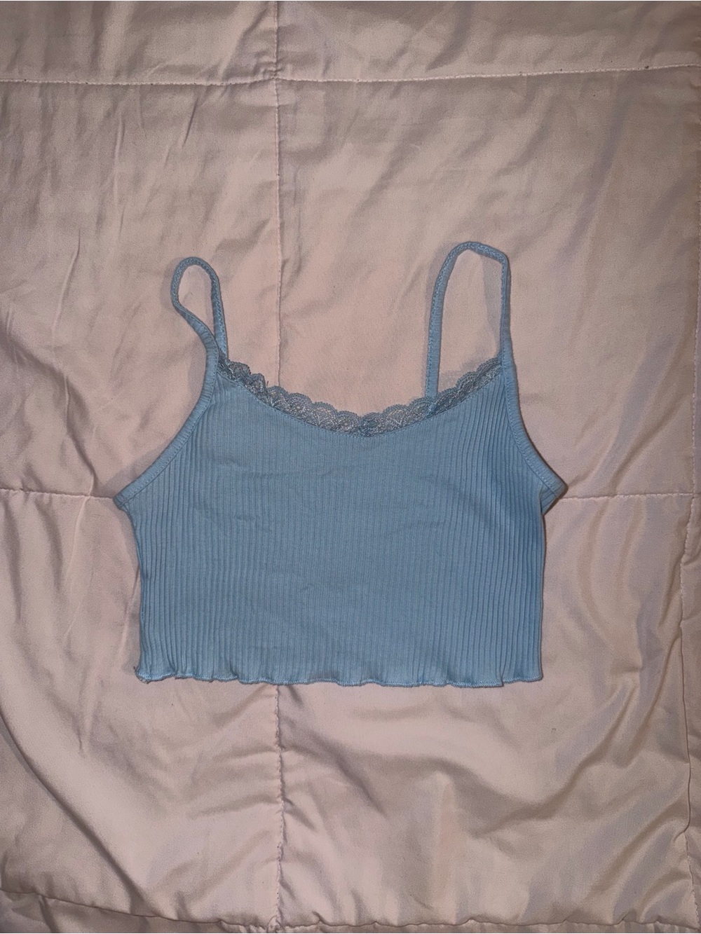 Light Blue Ribbed Lace Trim Crop Tank